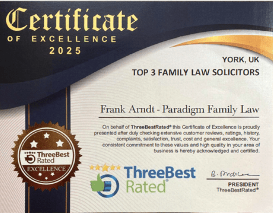 ThreeBestRated Top 3 Family Law Solicitors in York 2026 certificate awarded to Paradigm Family Law LLP